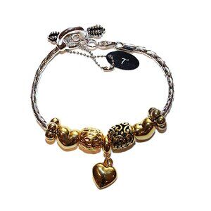 DaVinci Charm Bracelet 7" w/ 5 Beads & 2 Stoppers - Gold-Toned Hearts Love NWT